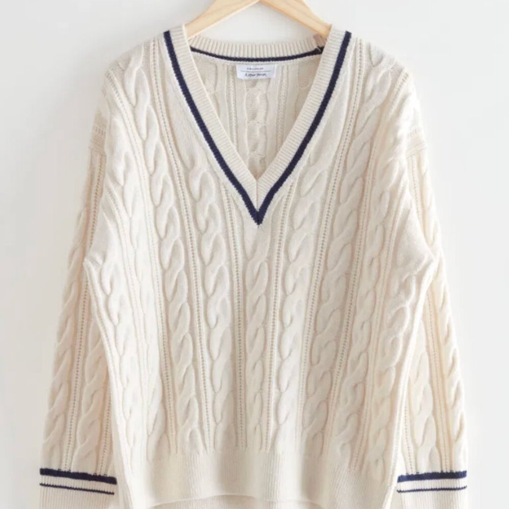 & Other Stories Cream V-Neck Cable Knit Sweater - Picture 4 of 8